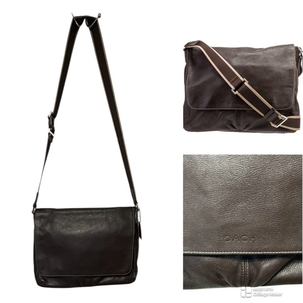 Coach Men's Heritage Web  Brown Leather Messenger Bag with Adjustable Strap